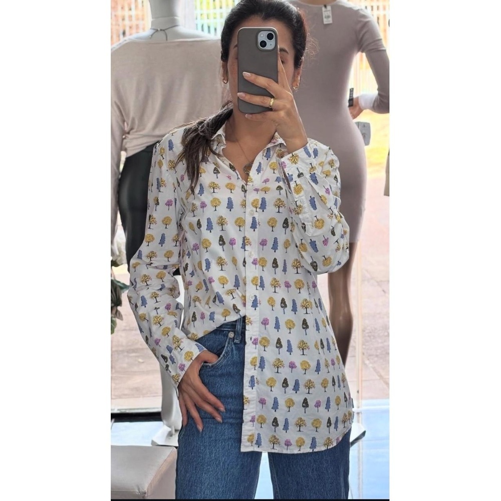 Boden Womens Button Up Shirt White Multi-color Tree Print Long Sleeve Casual